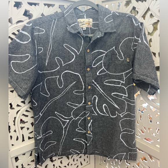 Roberta Oaks abstract monstera grey linen men’s button up aloha shirt. Size XL - Picture 12 of 13